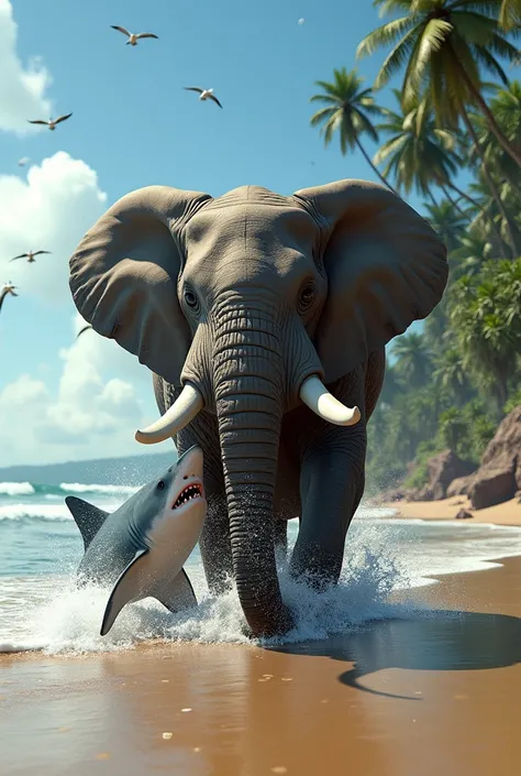 A shark bite a elephant on the shore of ocean 