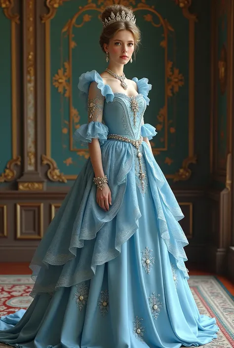 Royal lady in Victorian Era baby blue fashion dress full body with accessories