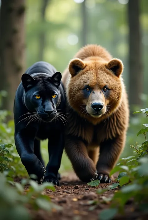 a black panther with a sloth bear
