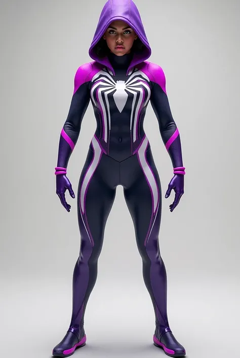 Spiderwoman marvel superhero with full white and purple stripe with hoodie standing straight forward full body with leg