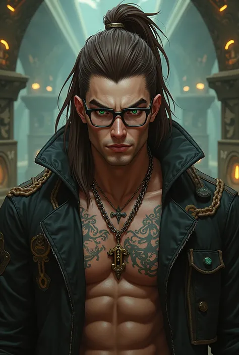 Make a character with long hair tied up in brown color, green eyes, some ritual tattoos, and he has some chains and wears square glasses. strong body, well defined, wears a jacket that goes up to the leg. black blouse and beige cargo pants.