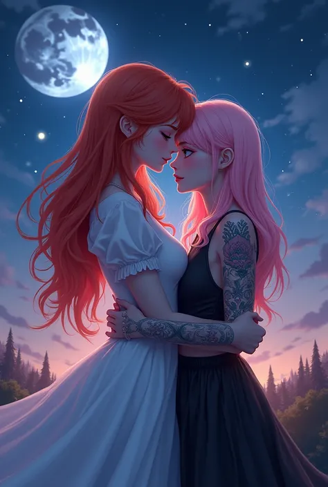 Two friends together looking ahead, one of them hugging the other, one with long red hair and blue eyes, white skin and dressed in white and the other with pink hair and pink eyes with tattoos dressed in black, In the background a landscape of the night sk...