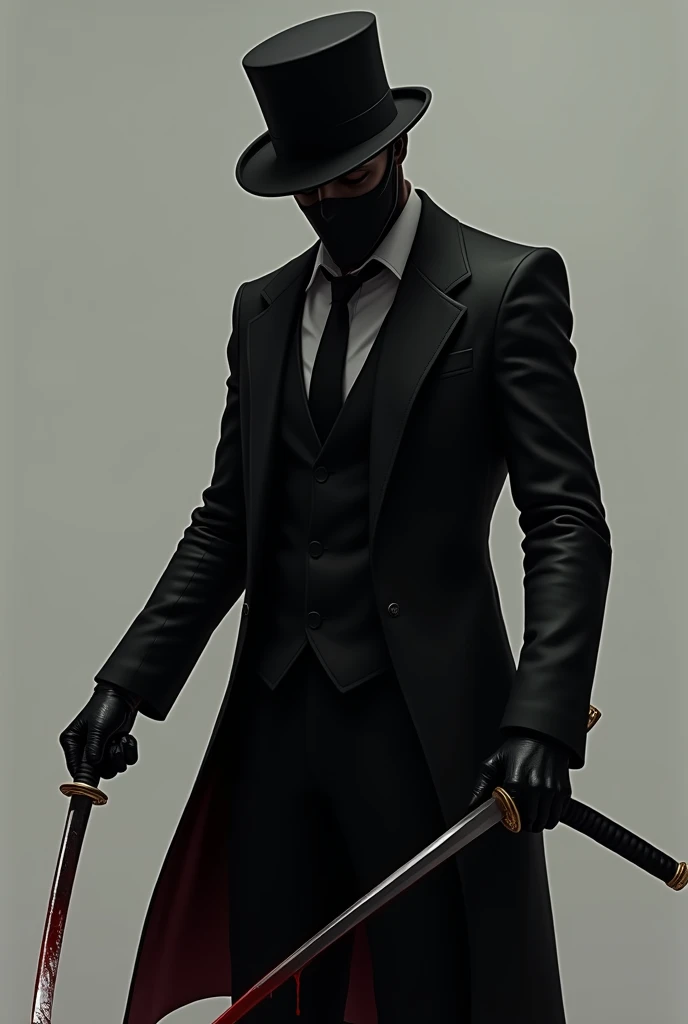 Man wearing a black suit, mask and a top hat, in addition to a layer. He holds a drawn katana in his right hand facing downwards, from which a few drops of blood fall.. The tip of the katana is visible

