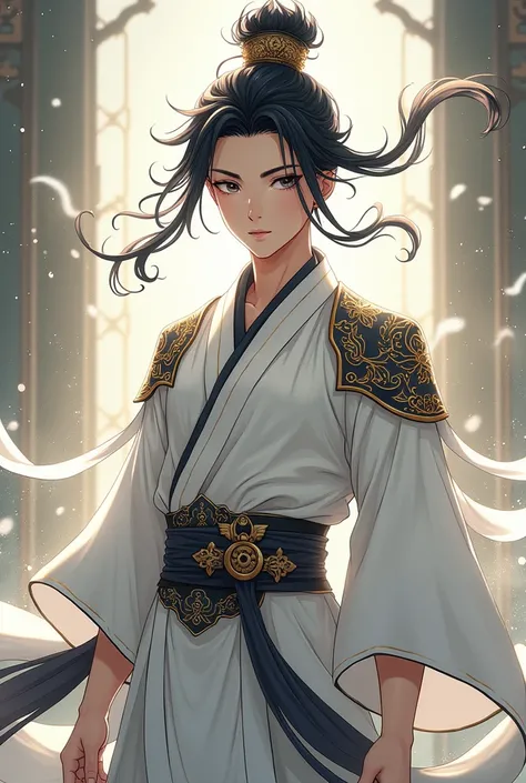 Make a Chinese cultivator manhwa cultivator,I want him with black hair, black eyes, he wears a white outfit with black and gold details, he is a 20 year old man. I want it as an anime