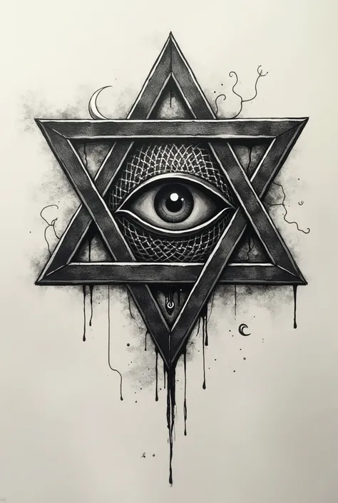 A Star of David, with one eye inside, where there is a spiral inside, being a tattoo design