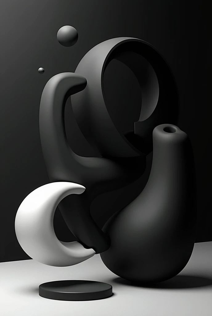 Abstract 3D composition containing black and white colors on a black background