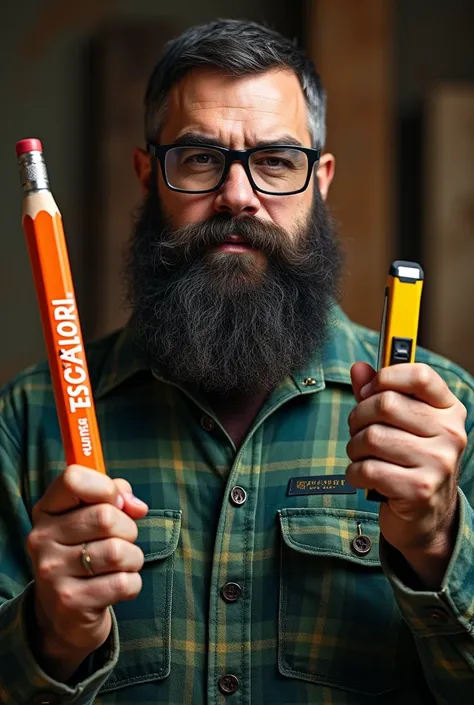 Man with black safety glasses with a thick black beard holding carpentry tools with a measuring tape that says Stanley and an orange pencil that says The Home Depot with a flannel that says Escalona World written on it in green 