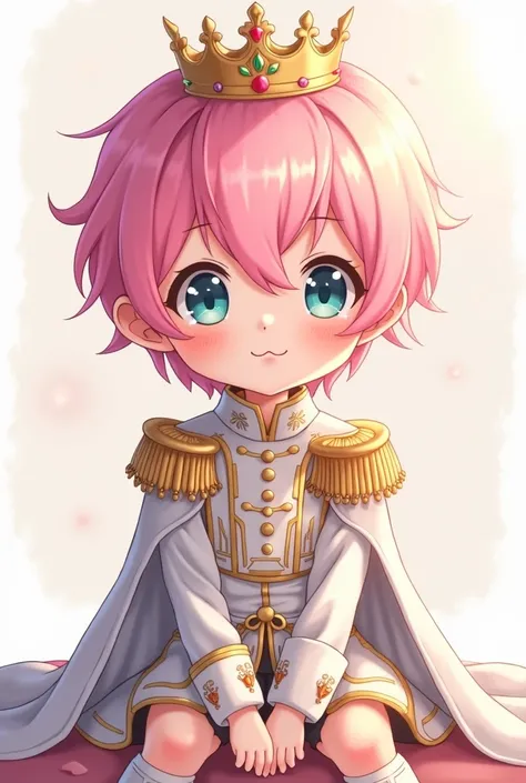 Cute anime boy  with pink hair and sitting with a crown name raja uniform