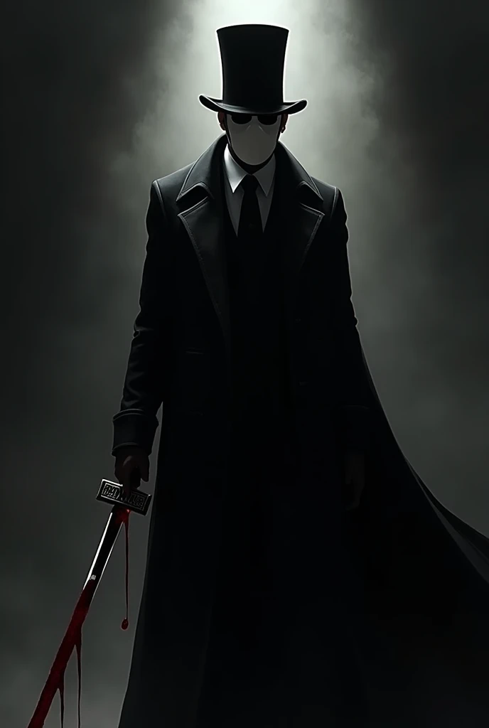 Man wearing a black suit, mask and a top hat, in addition to a layer. He holds in his right hand an unsheathed katana from which a few drops of blood fall.. 

