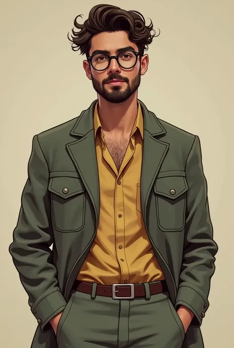 stylish boy, SHORT CURLY HAIR, round glasses and beard, dark and casually dressed in a vintage 60s style