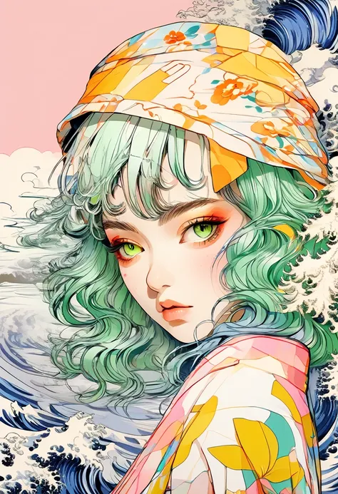 a mesmerizing surreal illustration of a young japanese woman. she has pastel green hair with blunt bangs, yellow eyes, and wears...