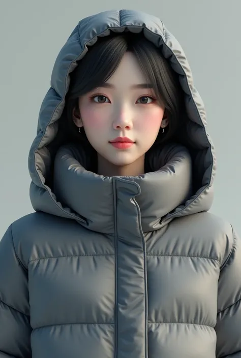 An asian woman around  wearing an grey down jacket with hoodie 3d render,facing forward