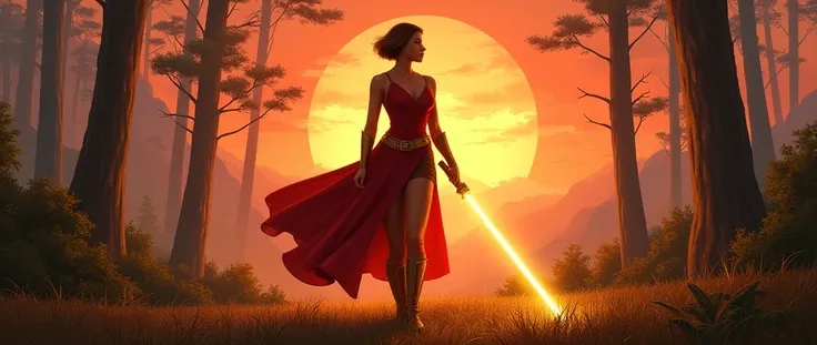 There is a person,jedi woman, short hair,bob,Master of strength curvy figure,toned body,demure red and gold suit,golden lightsaber, Futurism in a landscape like a forest proportion 2:3 no people expressionist arts sunset