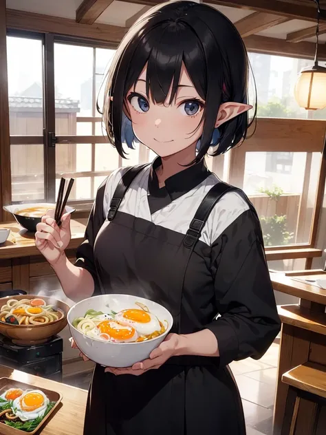 High resolution, 8K Ultra HD, ((Ink and painting)),  Inside the soba restaurant. An elf carrying a tray of wide udon noodles. ((The udon is topped with a fried egg.))、(((One bowl)))、There is nothing in the bowl except for white udon noodles.. Bob-cut black...