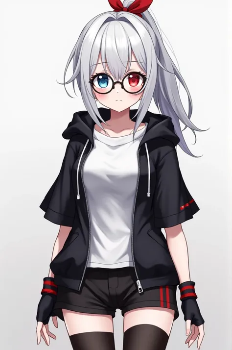 *Connie, anime girl is 1,55, white hair with gray gradient, Front strands longer than those in the back, back in a long hair ponytail, with a red bow , fringe covering his forehead, white and soft skin, eyes of different colors, The left one is blue with a...