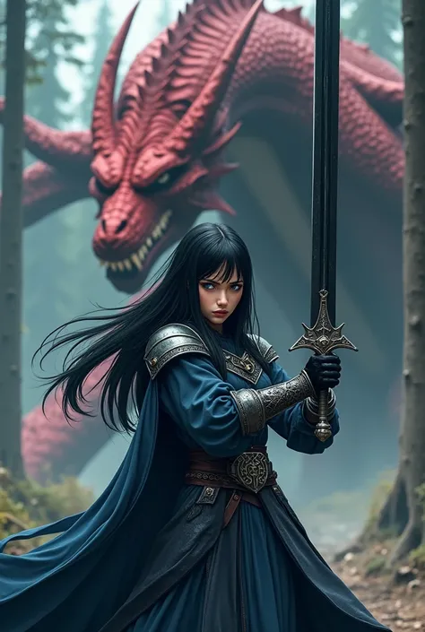 (Photorealism:1.2)tall slender woman, long black hair, short bangs above the eyebrow, light skin, blue eyes, sadistic expression, pink and full lips, European, medieval warrior, clothes in dark blue tones; gray; therefore, with a black-bladed sword with a ...