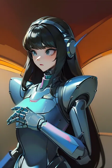 (masterpiece),(Highest quality),(Super detailed),(Best illustrations),(Best Shadow),(Absurd),(Detailed Background),(so beautiful), 16K, 8K, 4K,(Best Shadow),robotization,woman ,big bust,Robot Joint ,Metal skin,Black robot Suit,long hair,a black robot suit ...