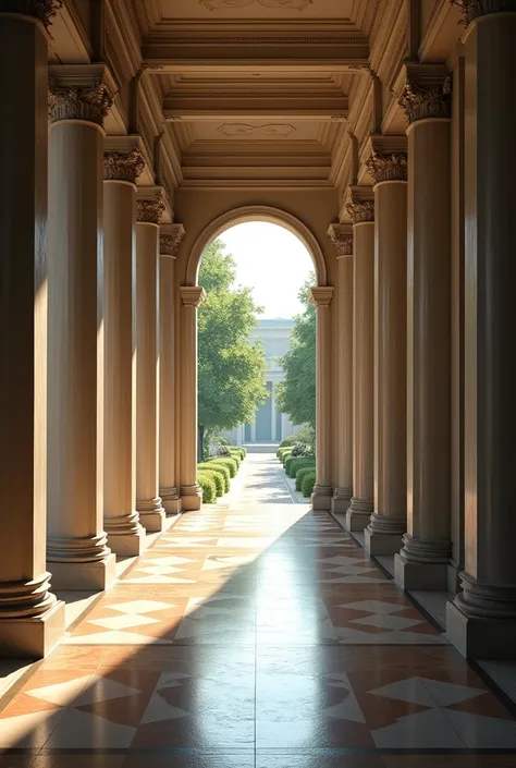 A hallway with columns on each side that support classrooms and at the end of the hallway with trees. 