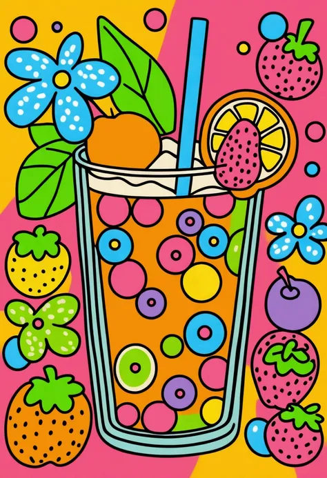 a cartoon drawing of a drink with fruit and a straw, colorfull illustration, line art colouring page, full color digital illustration, colored in, full color drawing, coloring book style, colorful doodle art, coloring pages, colouring pages, sticker illust...