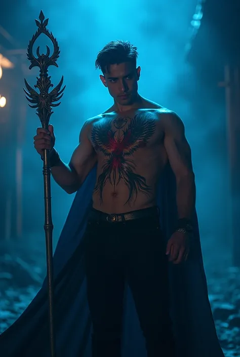 Make a image of a teen Young Handsome villain that is an modern Filipino idol looking like with big muscles and that  has a tattoo in his left chest of a phoenix bird and he holding his majestic weapon a scepter and that he is standing and posing in a of d...