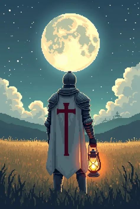 Create a medieval/fantasy themed pixel art, with a Templar holding a lamp in the middle of the field looking at the moon and his back to our view 