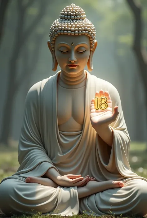 A Buddha with a number 18 on his right palm while meditating.
