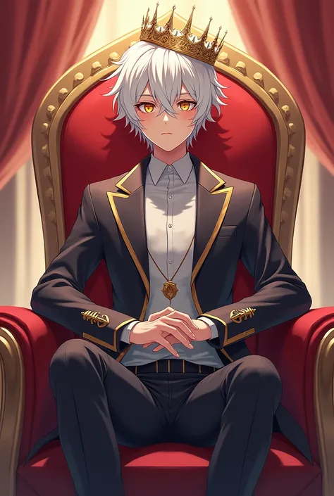 anime boy  with white hair and sitting with a crown name raja uniform age 15 throne