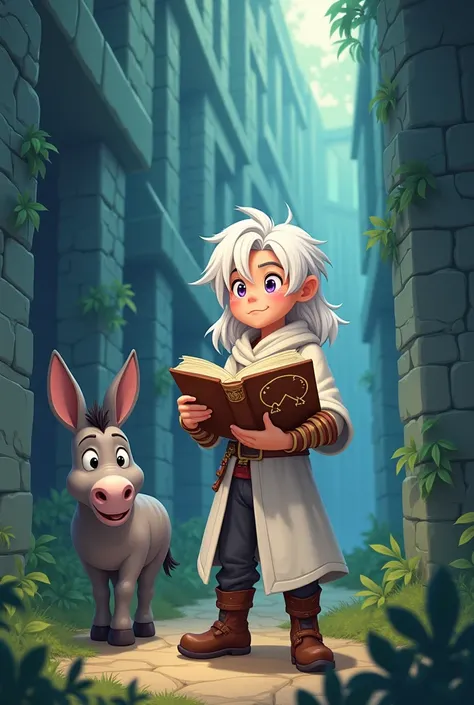 I want an image with a cartoon style, of a white-haired boy, purple eyes, long hair, in medieval clothing, long white shirt, with brown bracelets, brown pants and brown boots, that is a human, is that he deciphers a waveform in a magic book and that he mee...