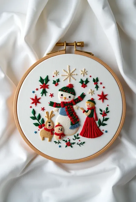 a beautiful hand embroidery of Christmas themes on a white cloth held by an embroidery bow