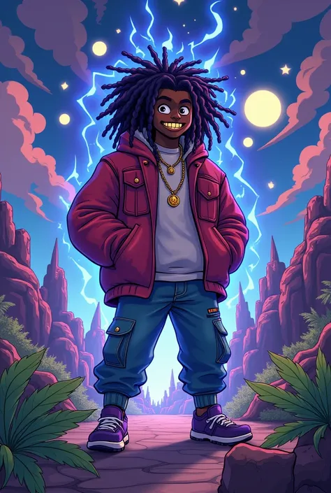 Create a Adventure time art style of the cartoon world of bay area rappers  but drill rappers where exotic cannabis strains are like gum gum fruit. create a colorful vivid background. The main characters are black with dreadlocks and gold teeth in a epic c...