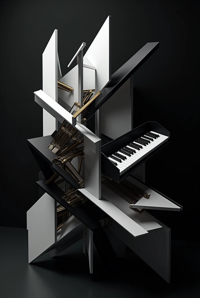 Complex 3D abstract composition containing black and white colors on a black background based on geometric figures inspired by a piano 