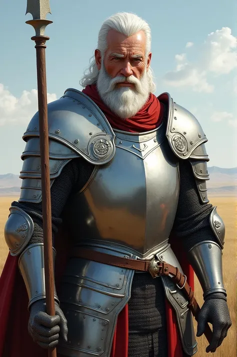 A 2D white male knight warrior, white hairs, black eyes, holding a silver spear 