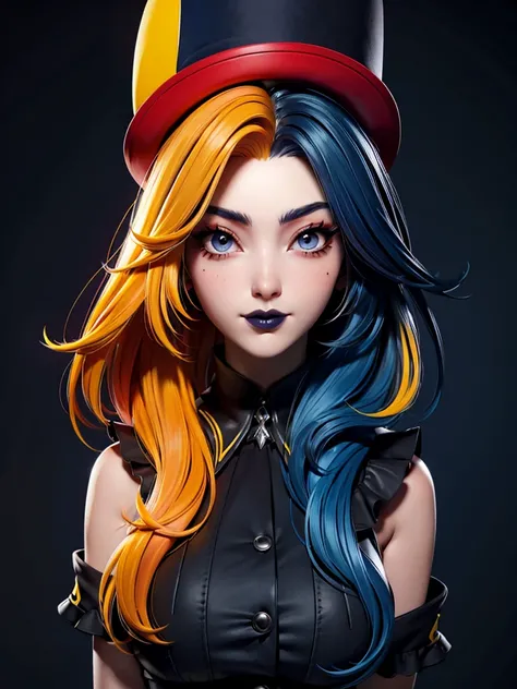 (Dark Blue lips), EGIRLMAKEUP (hlfcol haired girl with Red and Yellow hair) hihelz,Black top hat. ultra hd 32k uhd