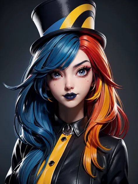 (Dark Blue lips), EGIRLMAKEUP (hlfcol haired girl with Red and Yellow hair) hihelz,Black top hat. ultra hd 32k uhd