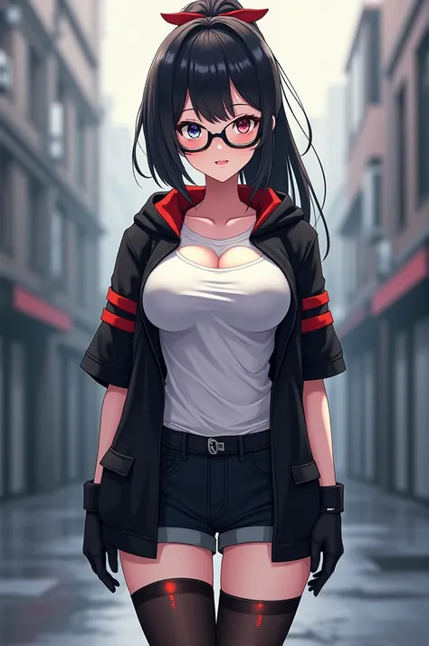  anime girl is 1,55, black hair , Front strands longer than those in the back, back in a long hair ponytail, with a red bow , fringe covering his forehead, white and soft skin, eyes of different colors, The left one is blue with a light blue gradient, the ...