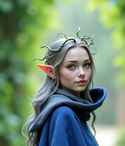 4k, realistic, Photography, high details, best quality, a woman with the same facial details as in the photo, expression same as in the photo, with pointed ears like an elf,beautiful green eyes,wearing a headdress made of vines resembling a crown,