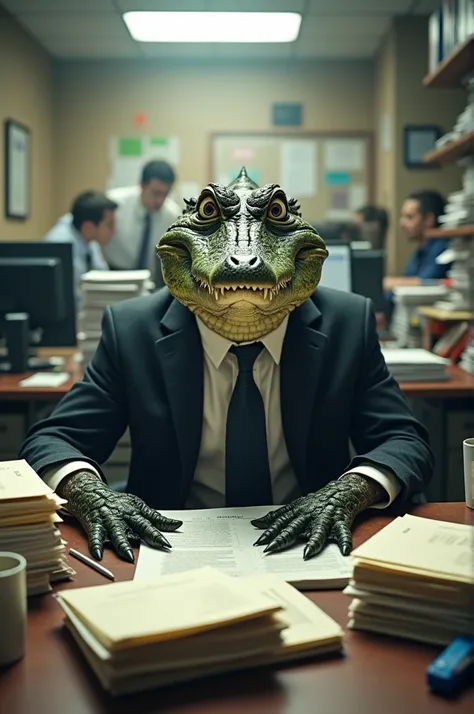 A stress and messy crocodile , office wear, at office busy, taking a realistic photo, a lot paper work at table