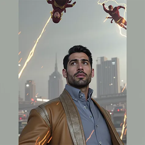 Create a high-speed scene of The Flash sprinting through the streets of Central City. Lightning crackles around him as he runs faster than the eye can see, leaving a trail of red and yellow streaks in his wake. The city blurs around him, with buildings, ca...