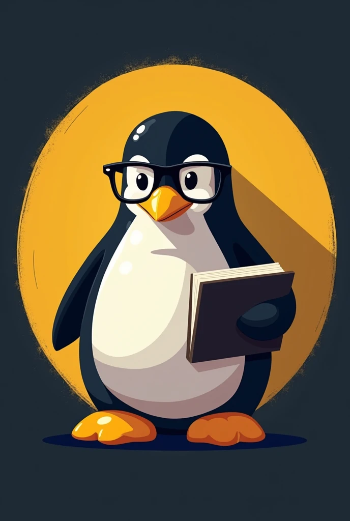  A penguin with glasses, symbolizing intelligence and study. The penguin may be holding a book or a laptop, representing programming. With dark or yellow background seila, for a youtube channel logo, not realistic
