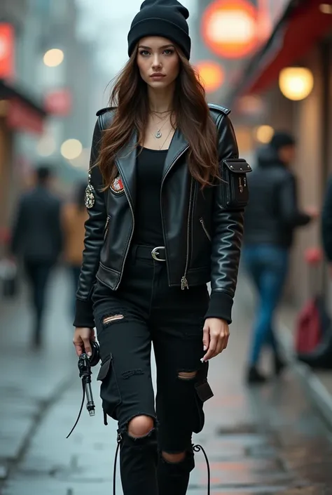 Cinematic photorealistic A beautiful Korean girl with white skin, a well-groomed face, long brown hair , wearing a black beanie and a black leather jacket decorated with various patches rolled up at the elbows. Black knee-length cargo pants ripped with lot...