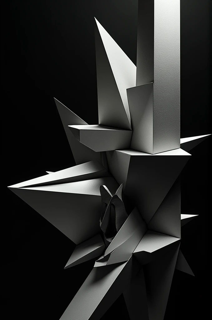 Very abstract 3D composition with black and white colors on a black background inspired by a piano