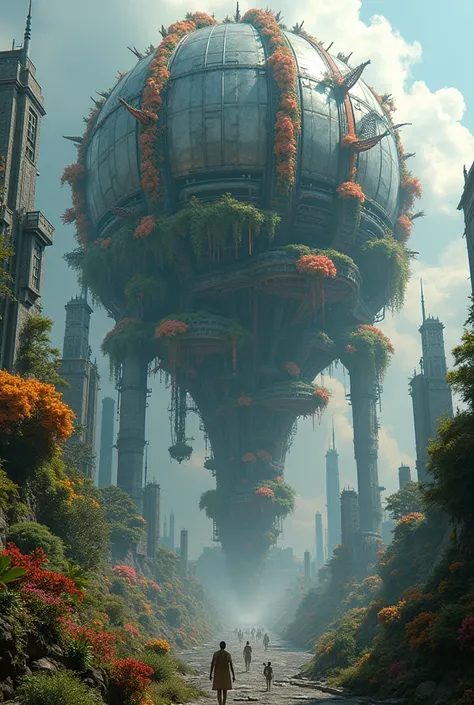 A towering, biomechanical fusion of plant and machine dominates an alien cityscape, immense tendrils of vivid bioluminescent flora intertwining with pulsing conduits and energy arteries, the living architecture undulating with a radiant, cellular heartbeat...