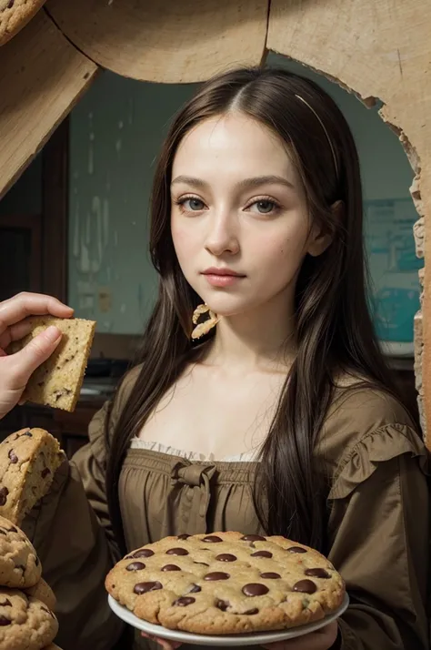 realistic monalisa, ultra, eating big cookies