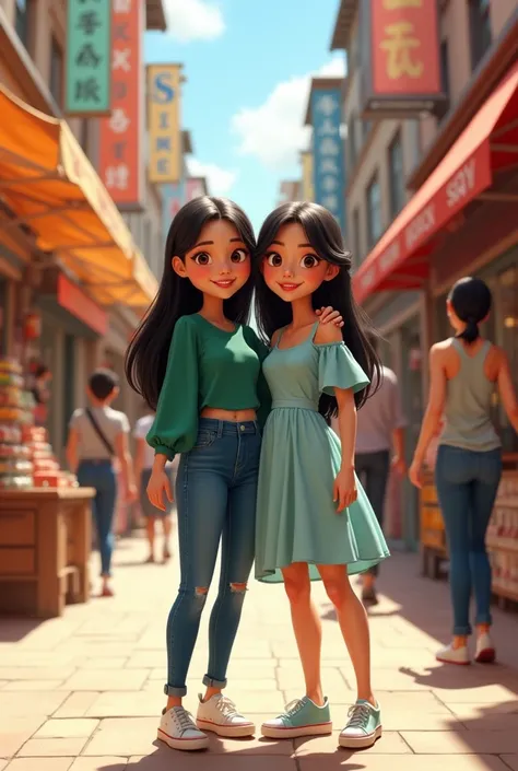 2 girls in their 20’s. Both with very long straight black hair. One wearing jeans and a emerald puff top. The other a light blue long  strap dress with sneakers. At street shopping area. Talking a selfie. Pixar style 