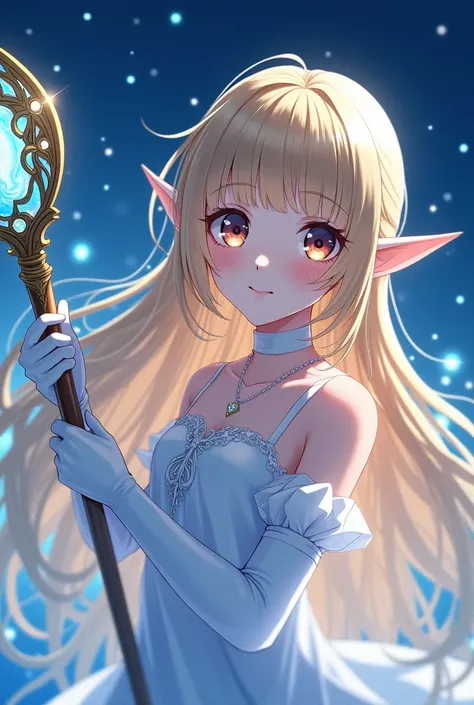 Night sky，Golden long hair elf anime girl，Put on long white gloves，innocent eyes，Gem Magician&#39;s Huge Staff￼