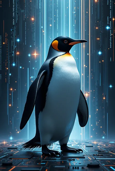 A background that refers to technology, like circuits or a code pattern, with the penguin highlighted in the front.