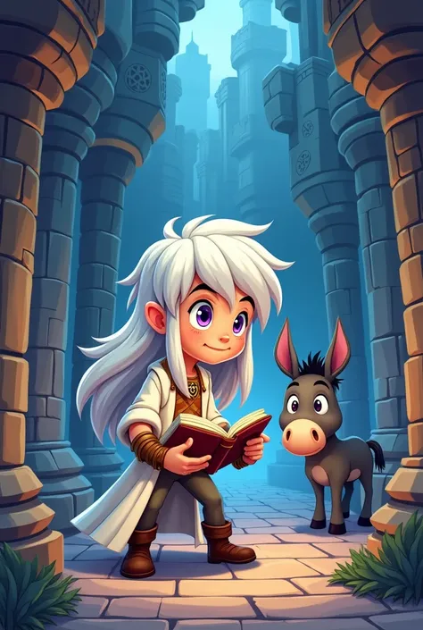 I want an image with a cartoon style, of a white-haired boy, big purple eyes, long hair, in medieval clothing, long white shirt, with brown bracelets, brown pants and brown boots, that is a human, is that he deciphers a waveform in a magic book and that he...