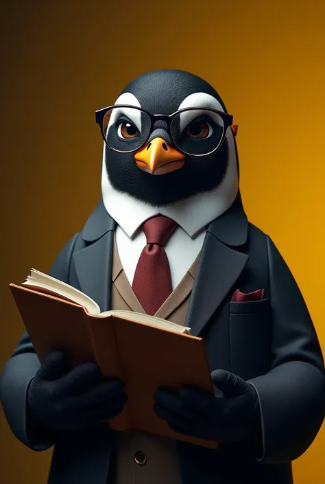 a penguin wearing glasses,holding a book or laptop,dark or yellow background,symbolizing intelligence and study,programming,youtube channel logo,not realistic,best quality,4k,8k,highres,masterpiece:1.2,ultra-detailed,realistic,photorealistic,photo-realisti...