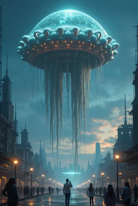 A colossal alien robotic jellyfish, a breathtaking amalgam of bioluminescent tentacles and gleaming chrome, floating serenely above a sprawling futuristic cityscape. The jellyfish-like creature is of unimaginable scale, with tentacles that stretch for mile...