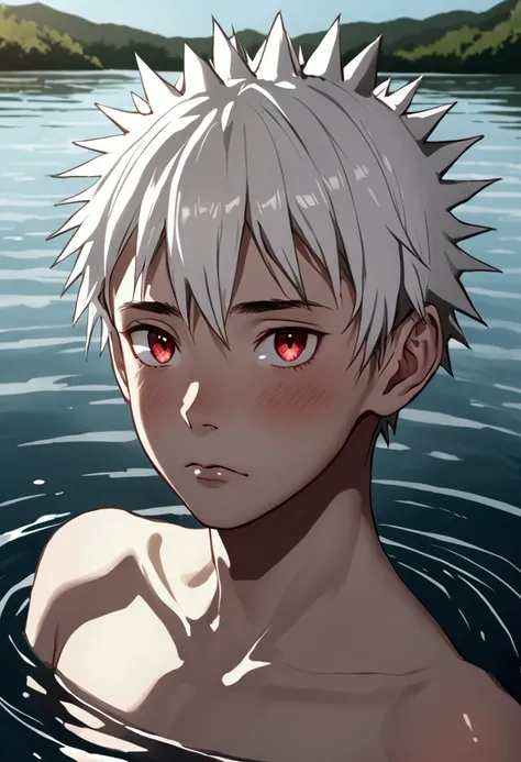 Tall skinny boy with spiky white hair, red eyes and pale skin swimming in lake, naked, male beauty, effeminate features, femboy, Shy boy, look embarrassed, looking shyly, flushed face.